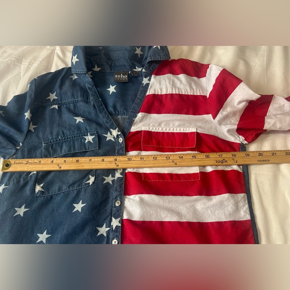 Soho NY&Co Americana Stars & Stripes Denim Button Down Shirt Patriotic Sz M - Picture 7 of 9